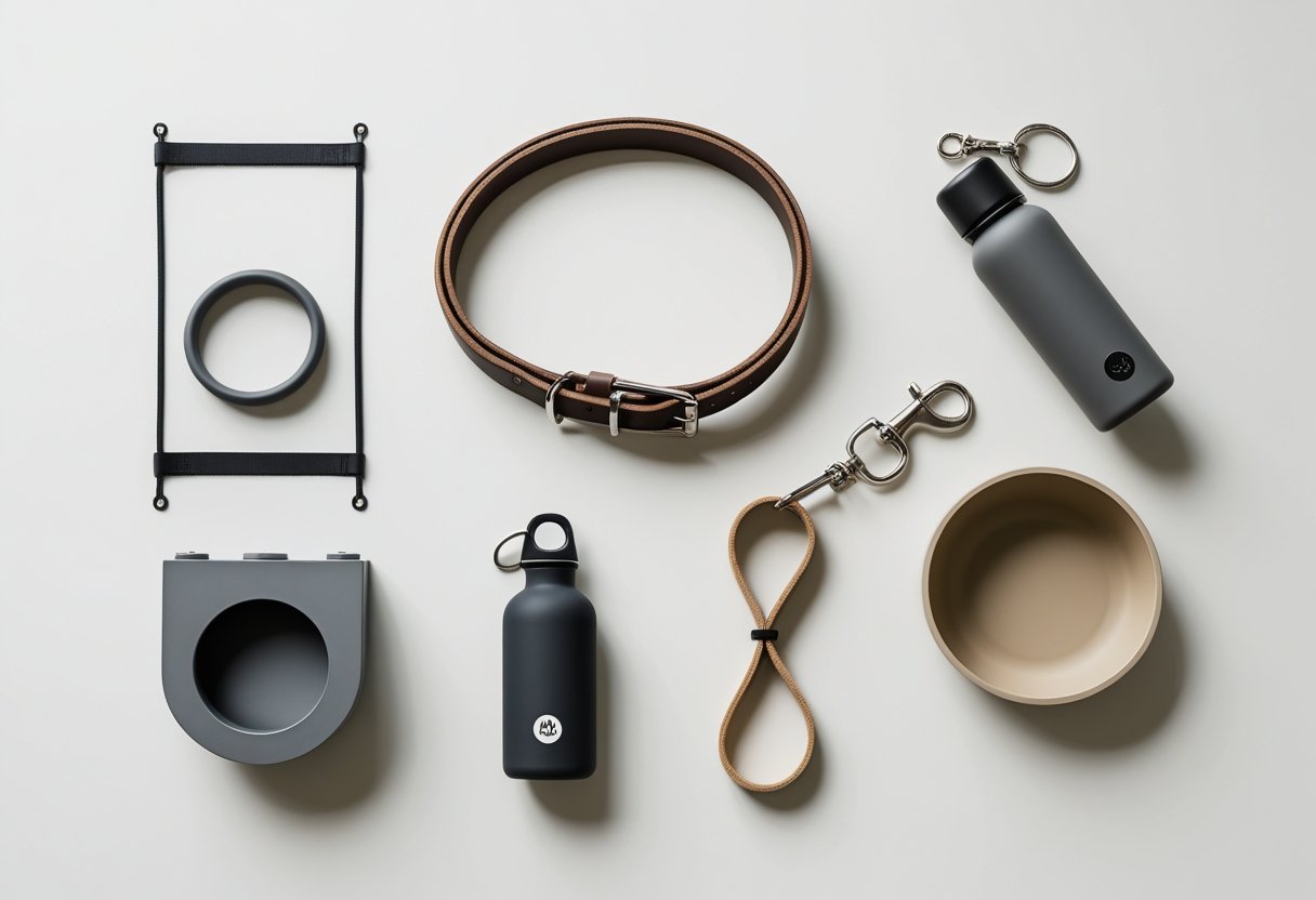 A flat lay of minimalist dog accessories including a leather collar, metal leash, portable water bottle, and dog bowl arranged on a white background.
