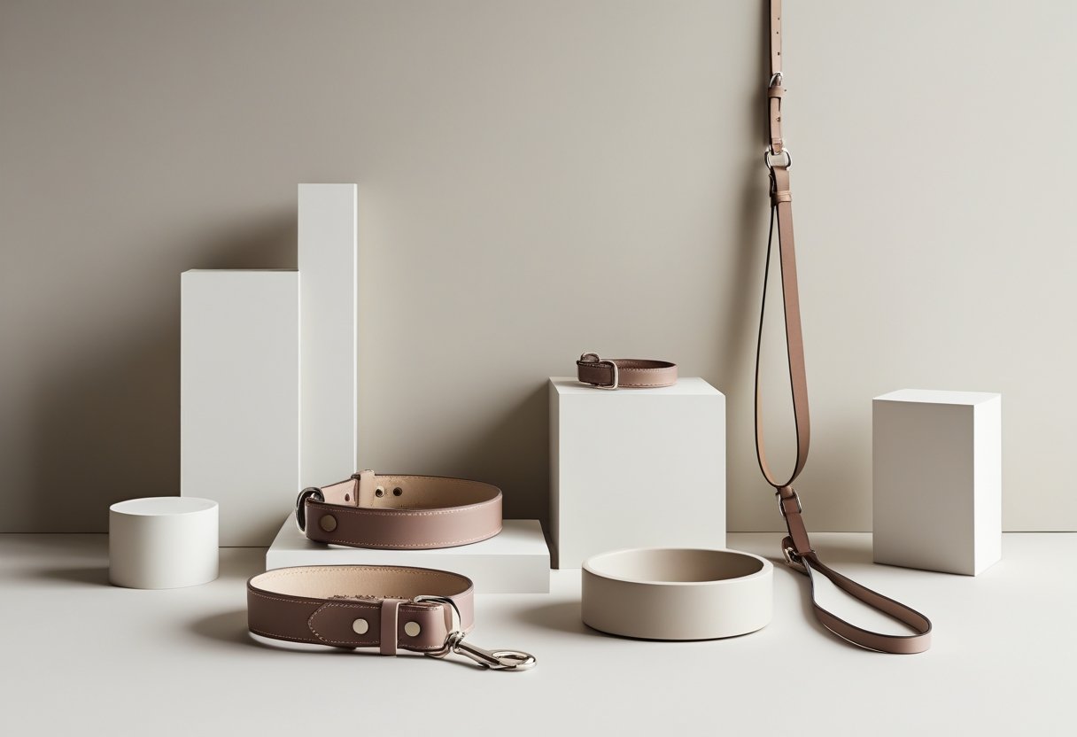 A collection of simple and stylish dog accessories including a collar, leash, harness, and bowl arranged on a clean surface.