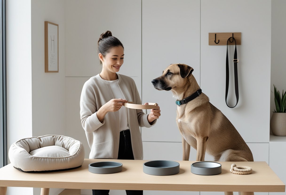 A person in a modern living room holding a simple dog collar with a dog sitting nearby surrounded by minimalist dog accessories.